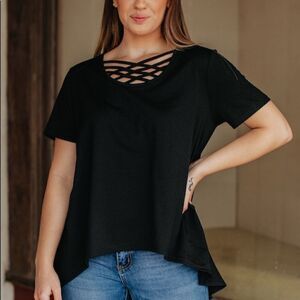 ESSENTIAL BLACK RELAXED FIT CAGED NECK TOP